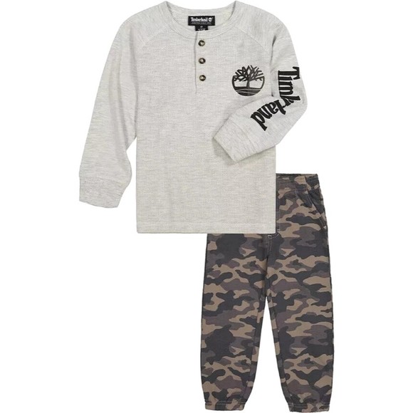 NWT TIMBERLAND Little Boys 2-Pc. Henley Logo T-shirt and Camo Joggers Set, 3T